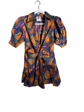 Farm Rio Anthropologie Heart Print Tie Front Mini Dress Puff Sleeve S